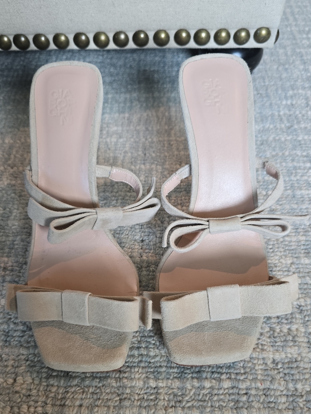 Gia Borghini Tan Suede Bow Mules with Light Pink Insole